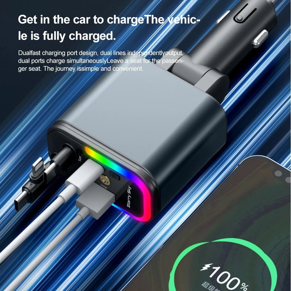 Car 180W Cigarette Lighter 5-In-1 Telescopic Cable Fast Charger Adapter with Starry Sky Top Atmosphere for Iphone and Android