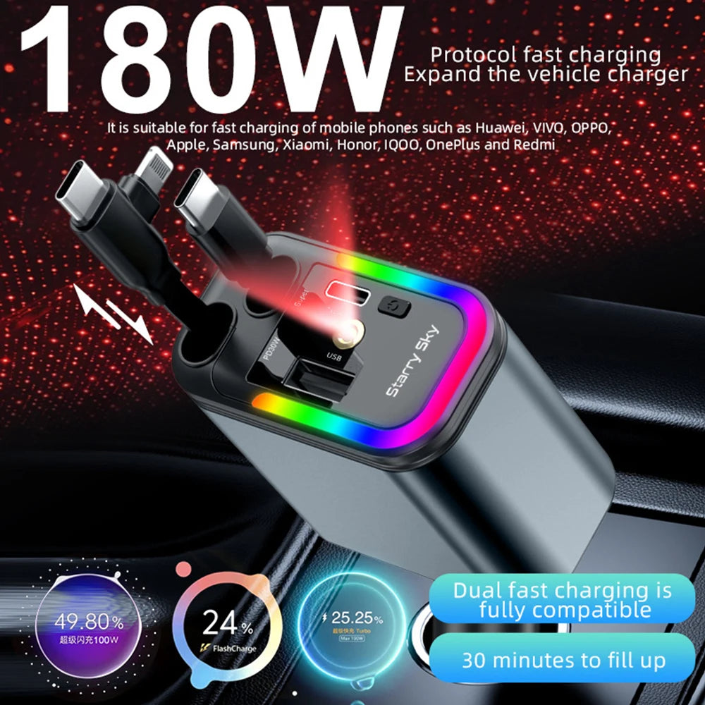 Car 180W Cigarette Lighter 5-In-1 Telescopic Cable Fast Charger Adapter with Starry Sky Top Atmosphere for Iphone and Android