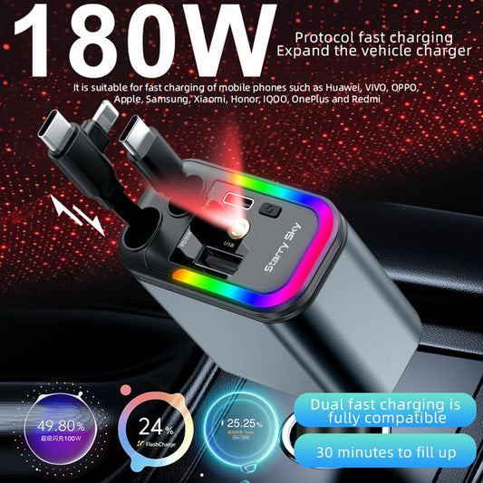 Car 180W Cigarette Lighter 5-In-1 Telescopic Cable Fast Charger Adapter with Starry Sky Top Atmosphere for Iphone and Android