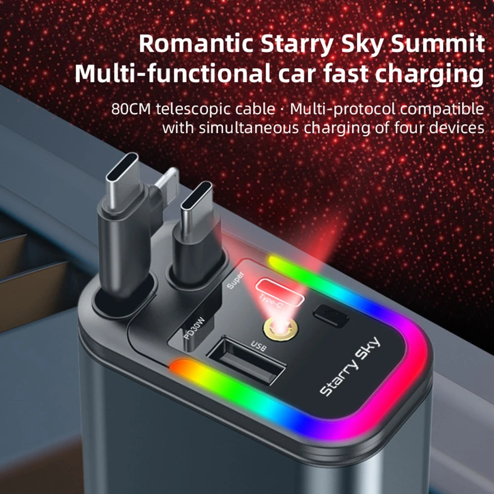 Car 180W Cigarette Lighter 5-In-1 Telescopic Cable Fast Charger Adapter with Starry Sky Top Atmosphere for Iphone and Android