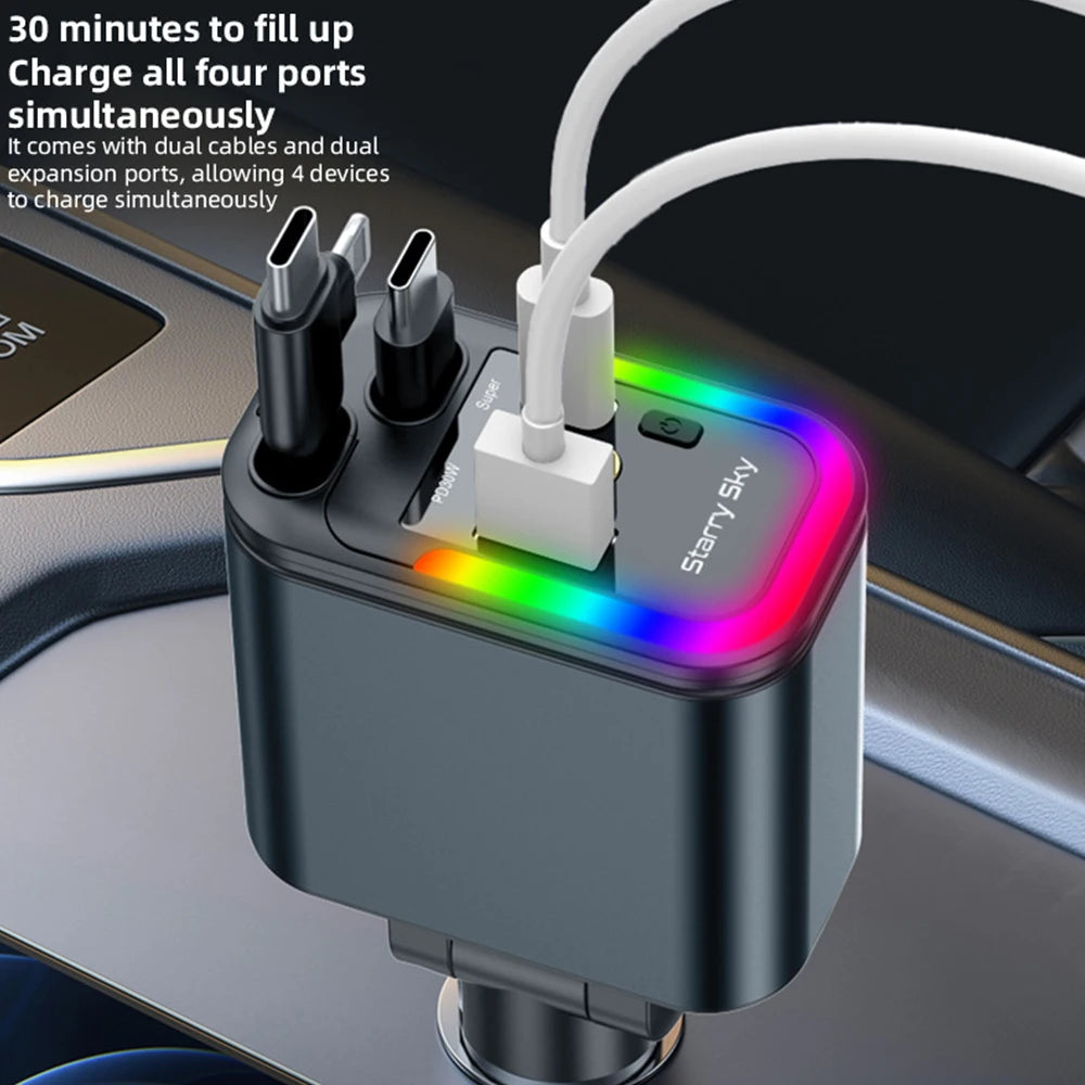 Car 180W Cigarette Lighter 5-In-1 Telescopic Cable Fast Charger Adapter with Starry Sky Top Atmosphere for Iphone and Android