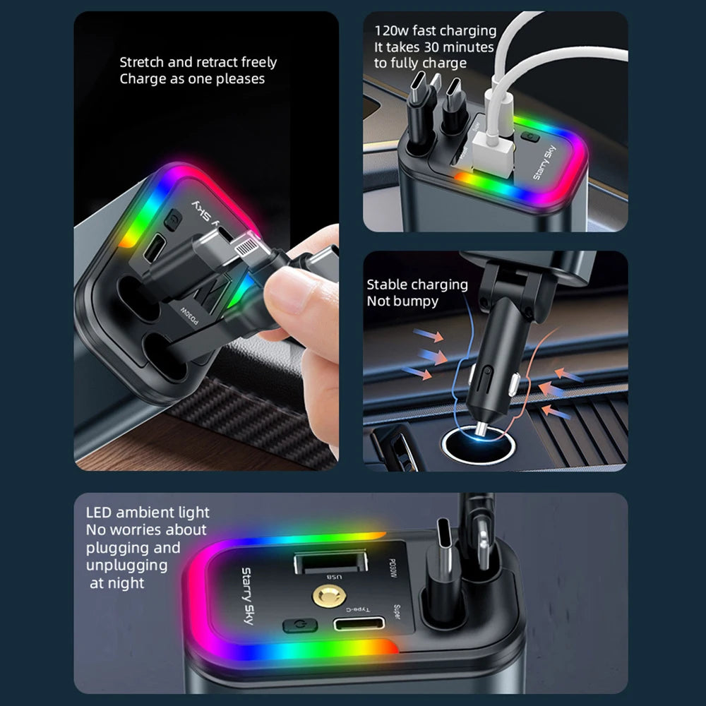 Car 180W Cigarette Lighter 5-In-1 Telescopic Cable Fast Charger Adapter with Starry Sky Top Atmosphere for Iphone and Android