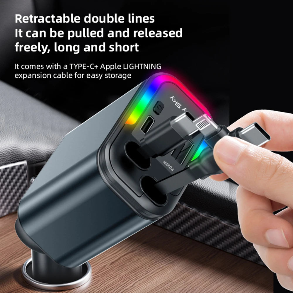 Car 180W Cigarette Lighter 5-In-1 Telescopic Cable Fast Charger Adapter with Starry Sky Top Atmosphere for Iphone and Android