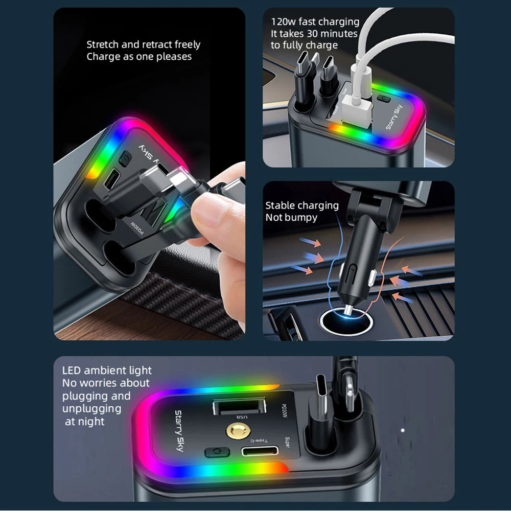 Car 180W Cigarette Lighter 5-In-1 Telescopic Cable Fast Charger Adapter with Starry Sky Top Atmosphere for Iphone and Android