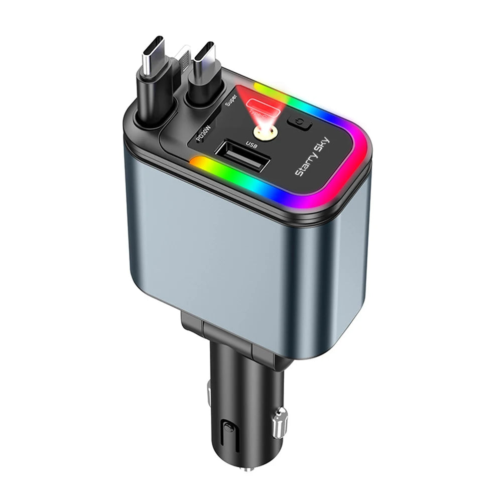 Car 180W Cigarette Lighter 5-In-1 Telescopic Cable Fast Charger Adapter with Starry Sky Top Atmosphere for Iphone and Android