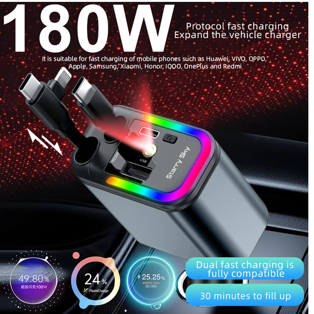 Car 180W Cigarette Lighter 5-In-1 Telescopic Cable Fast Charger Adapter with Starry Sky Top Atmosphere for Iphone and Android