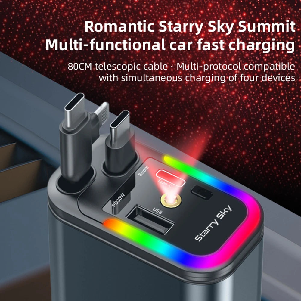 Car 180W Cigarette Lighter 5-In-1 Telescopic Cable Fast Charger Adapter with Starry Sky Top Atmosphere for Iphone and Android