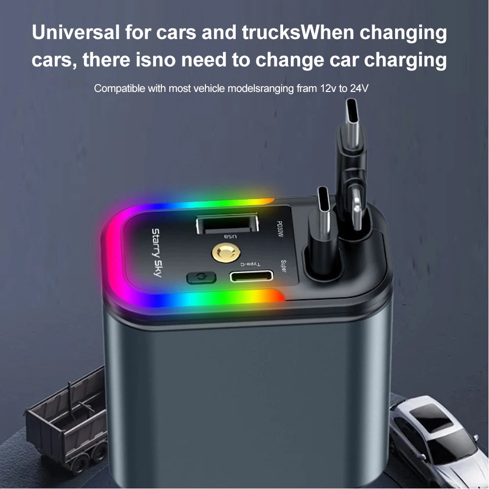 Car 180W Cigarette Lighter 5-In-1 Telescopic Cable Fast Charger Adapter with Starry Sky Top Atmosphere for Iphone and Android