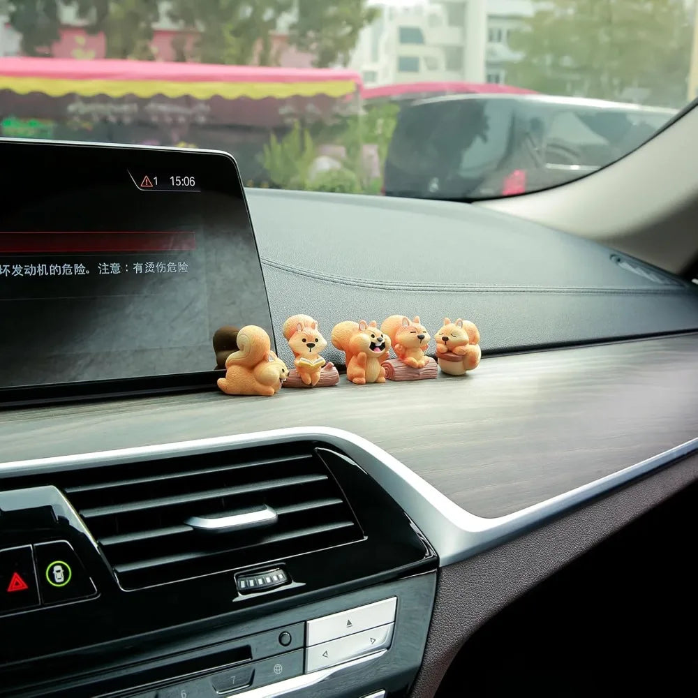 Mini Squirrel Car Dashboard Figurines Set of 5 Cute 1.4” Miniature Animal Car Decorations Kawaii Car Interior Decor