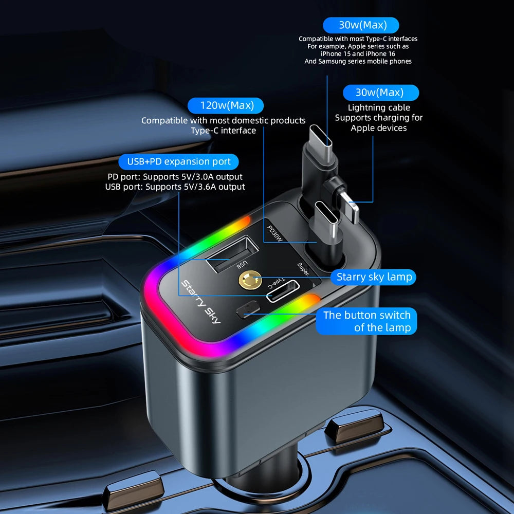 Car 180W Cigarette Lighter 5-In-1 Telescopic Cable Fast Charger Adapter with Starry Sky Top Atmosphere for Iphone and Android