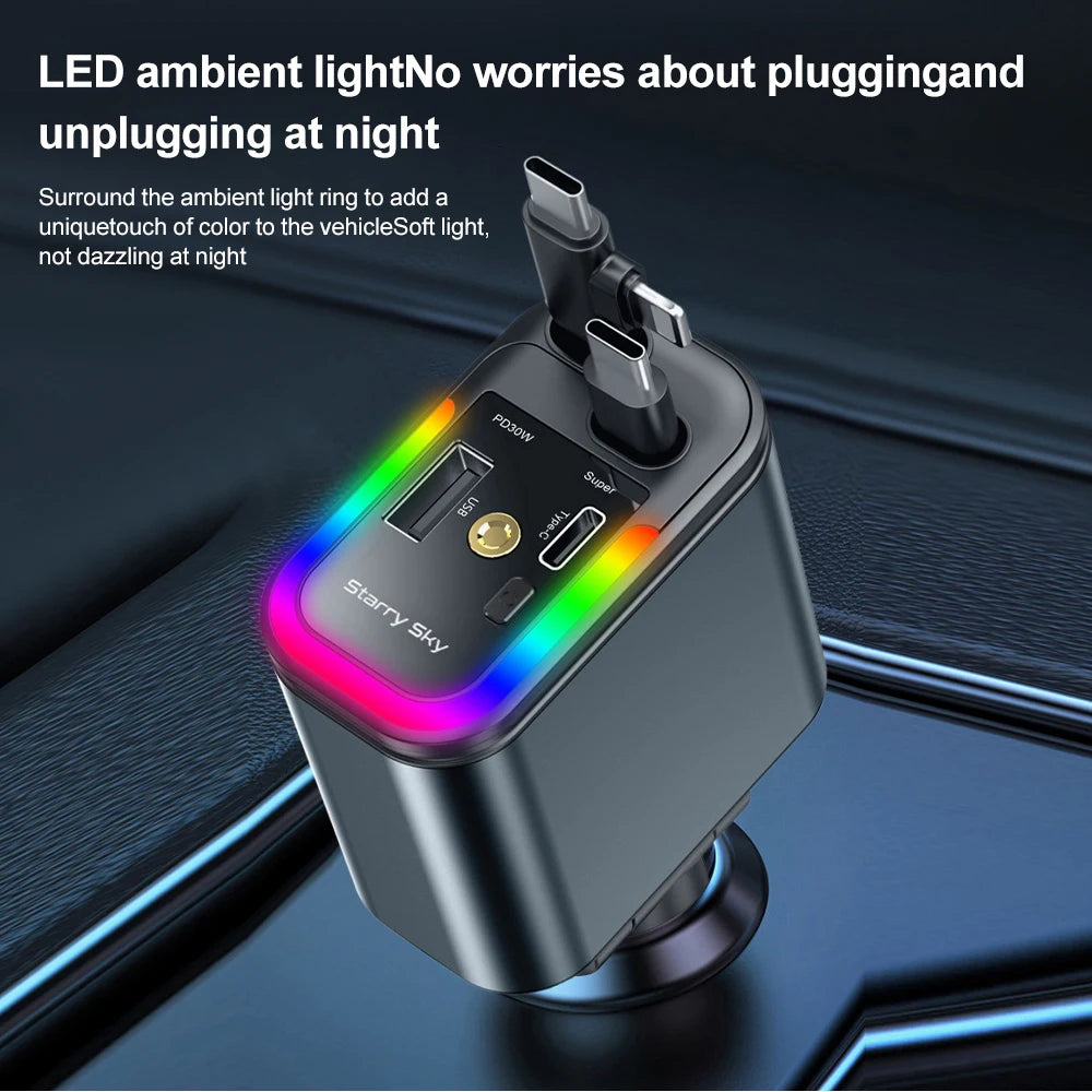 Car 180W Cigarette Lighter 5-In-1 Telescopic Cable Fast Charger Adapter with Starry Sky Top Atmosphere for Iphone and Android