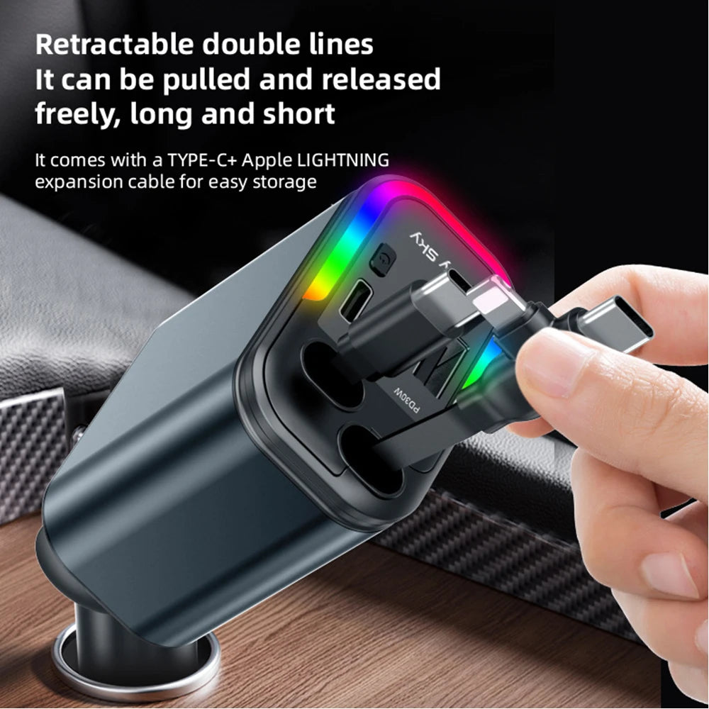 Car 180W Cigarette Lighter 5-In-1 Telescopic Cable Fast Charger Adapter with Starry Sky Top Atmosphere for Iphone and Android