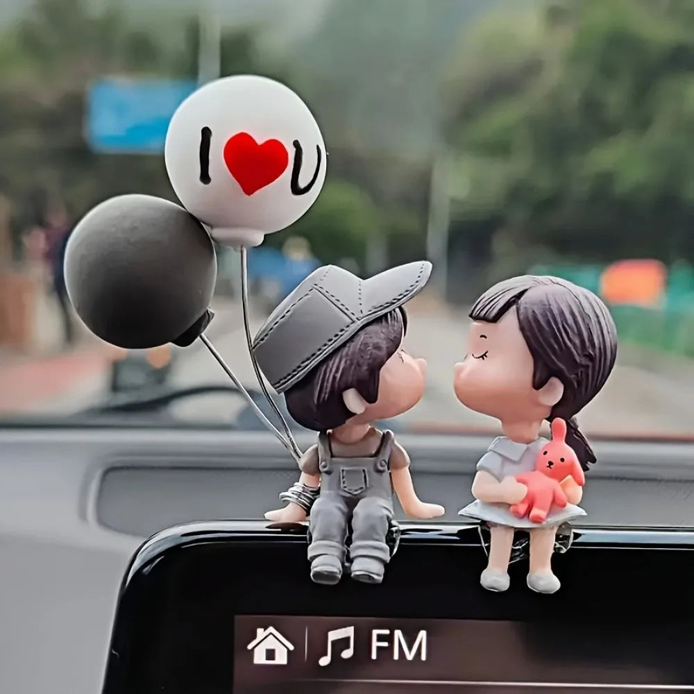 Car Decoration Cute Cartoon Couples Action Figure Figurines Balloon Ornament - For Girls - Auto Interior Dashboard Accessories